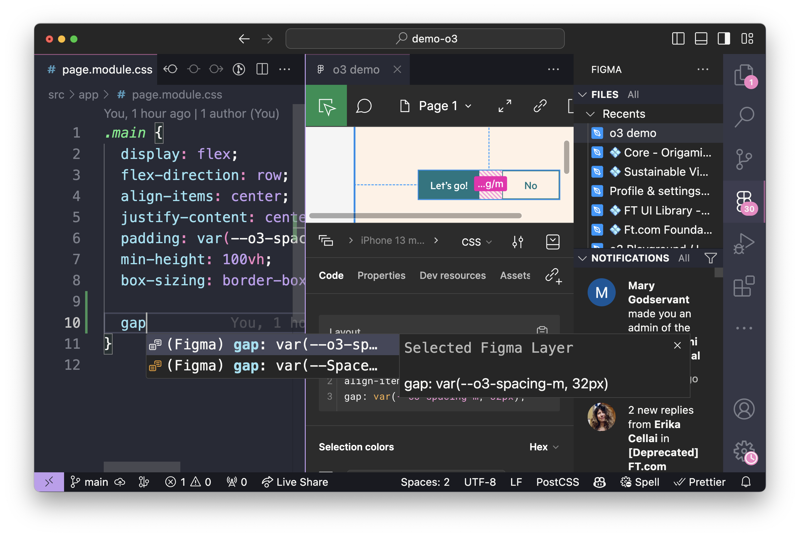 VS Code editor with 2 panes. Right: CSS. Left: Figma plugin. The CSS pane shows Figma powered autocompletion for the CSS gap property.